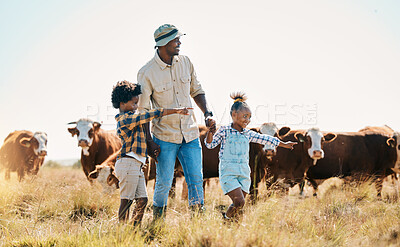 Buy stock photo Family farm, father and children with animals outdoor for cattle, sustainability and travel. Black man and kids point and walking on a field for farmer adventure or holiday in countryside with cows
