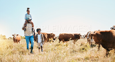 Buy stock photo Cattle farm, father and children or family outdoor for travel, sustainability and holiday. Black man and kids walking on a field for farmer adventure in countryside with cows and banner in Africa