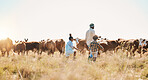Cattle, children and father on family farm outdoor for livestock, sustainability or travel. Black man and kids walking on a field for farmer adventure or holiday in countryside with cows in African