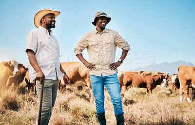 Buy stock photo Farming people, talking or men with sales negotiation, cow farm and countryside with dairy agriculture environment. Happy, cattle farmers or guys with sustainability beef production, smile or ecology
