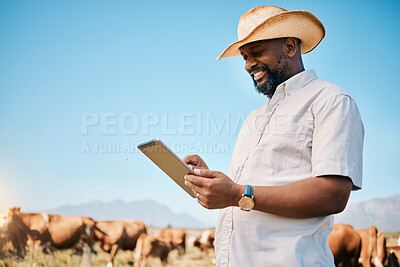 Buy stock photo Happy black man, tablet and animals in agriculture, farming or sustainability in the countryside. African male person smile on technology with live stock, cows or cattle for small business or produce