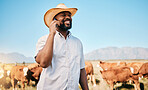 Happy black man, phone call and animals in countryside for farming, communication or networking. African male person smile and talking on mobile smartphone for conversation or discussion at the farm