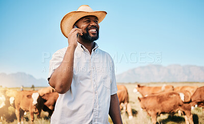 Buy stock photo Happy black man, phone call and animals in countryside for farming, communication or networking. African male person smile and talking on mobile smartphone for conversation or discussion at the farm