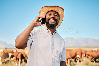 Buy stock photo Happy black man, phone call and animals for communication, farming or networking in the countryside. African male person smile and talking on mobile smartphone for conversation or discussion on farm