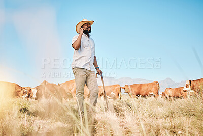 Buy stock photo Cows, happy or farmer on a phone call talking or speaking of dairy livestock, agriculture or cattle farming. Smile, nature and black man in a conversation on harvesting on a countryside barn field 