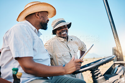 Buy stock photo Game drive, safari and men with tablet for direction in Kenya desert with car for travel transport. Holiday, tour guide and driving with tech for adventure, holiday and journey info with employees