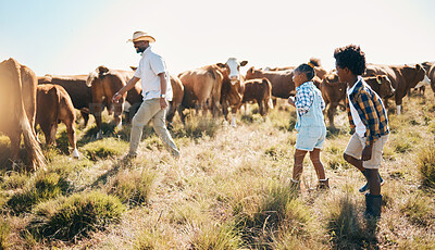 Buy stock photo Farm, cows and father with children in countryside for ecology, adventure and agriculture. Family, sustainable farming and happy dad with kids for bonding, relax and learning with animals in field