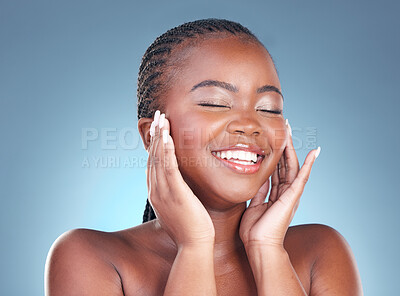 Buy stock photo Face of black woman for cosmetics, beauty and makeup on blue background for wellness, health and spa. Salon aesthetic, dermatology and closeup of happy person in studio with facial, skincare and glow