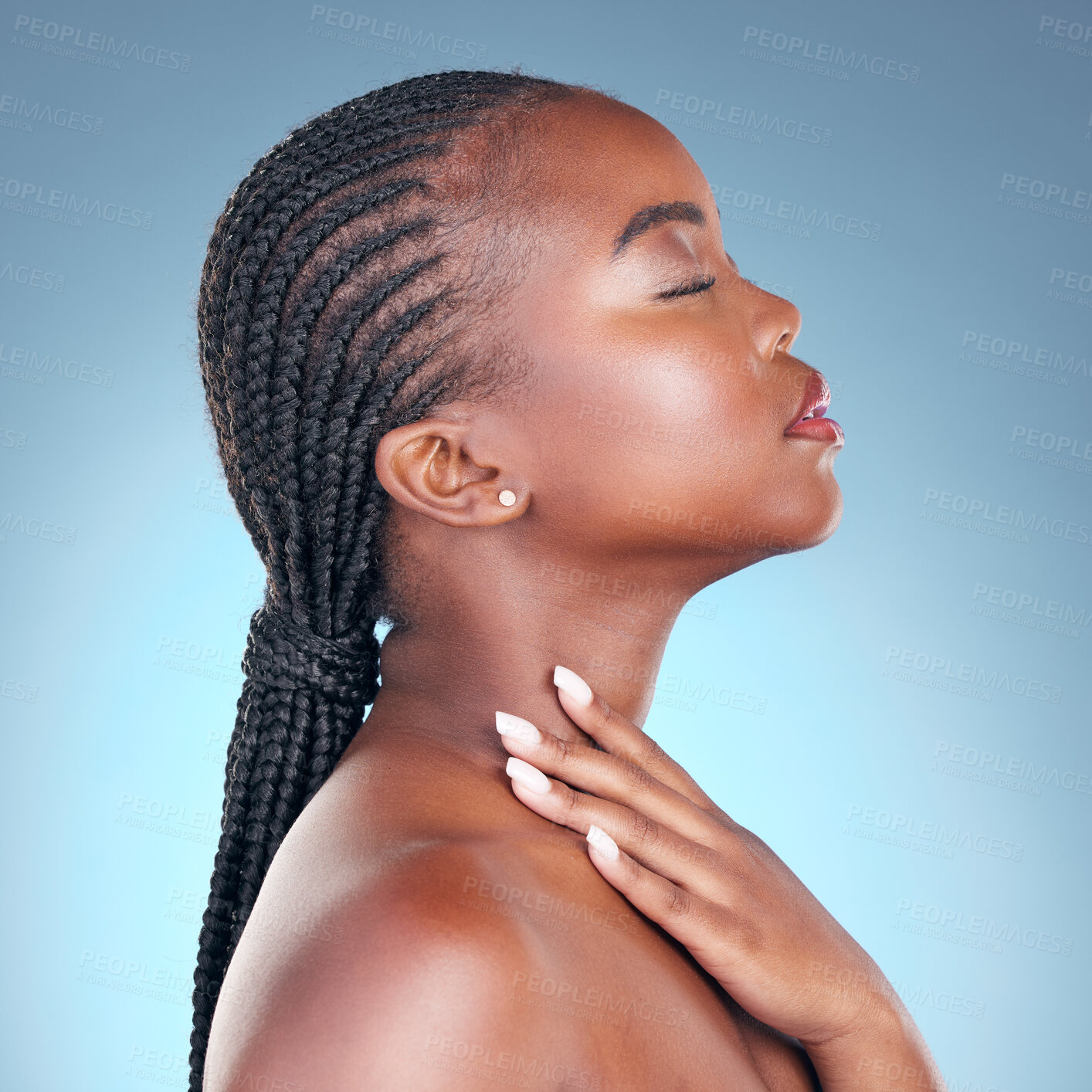 Buy stock photo Skin care, beauty and face of black woman with dermatology, makeup and manicure. Profile of African person on blue background with cosmetics, shine and facial glow with hand for soft touch in studio