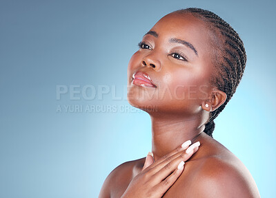 Buy stock photo Black woman, skin care and thinking of beauty with dermatology, natural makeup and manicure. Face of African person on blue background with cosmetics and facial glow with touch and space in studio