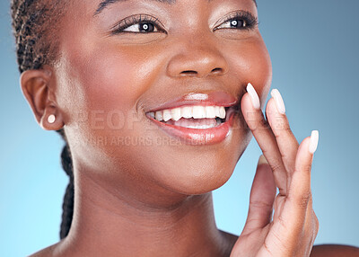 Buy stock photo Face of black woman for makeup, beauty and lips on blue background for wellness, health and spa. Salon aesthetic, dermatology and closeup of happy person in studio with cosmetics, skincare and glow