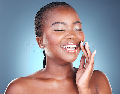 Buy stock photo Face of black woman for skincare, beauty and eyes closed on blue background for wellness, facial and spa. Salon, dermatology and African person in studio with cosmetics, makeup and glow for health