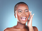 Face of black woman for makeup, beauty and wink on blue background for wellness, health and spa. Salon aesthetic, dermatology and happy African person in studio with cosmetics, skincare and facial