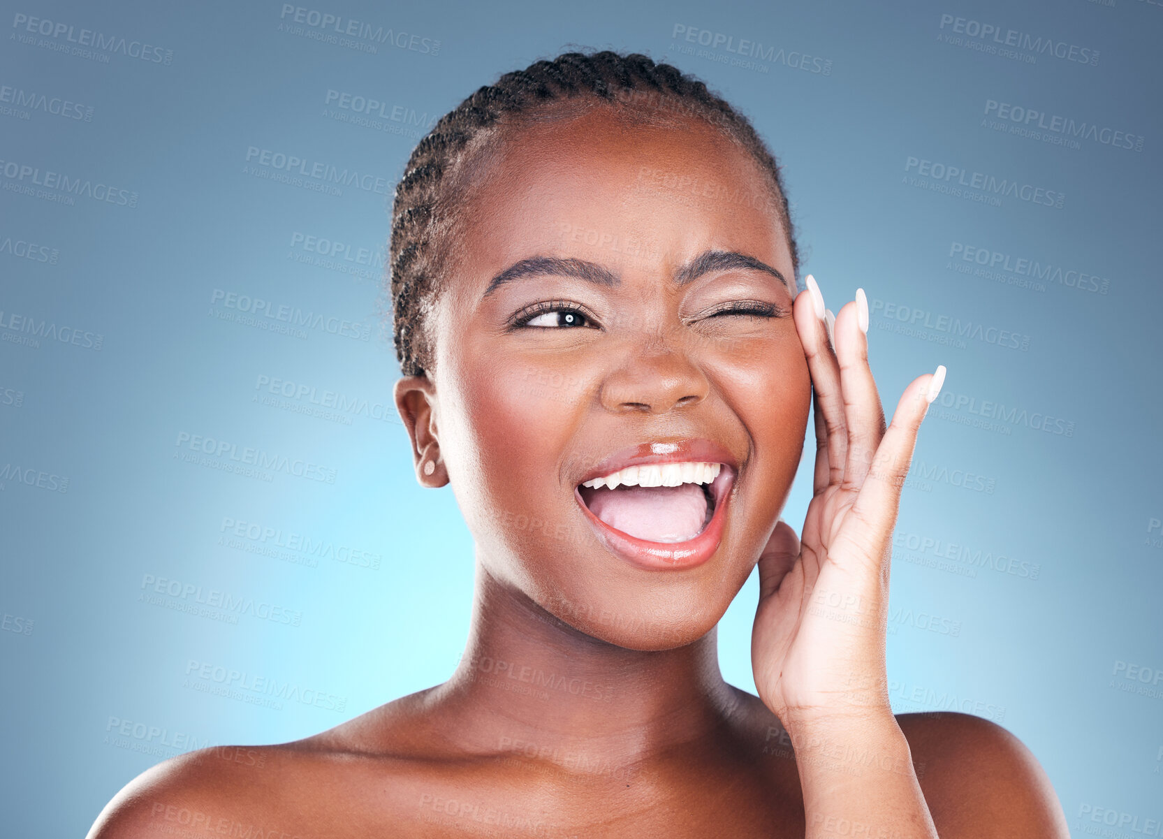 Buy stock photo Face of black woman for makeup, beauty and wink on blue background for wellness, health and spa. Salon aesthetic, dermatology and happy African person in studio with cosmetics, skincare and facial