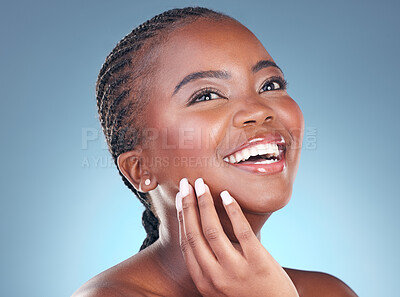 Buy stock photo Skincare, beauty and face of black woman on blue background for wellness, health and spa. Salon aesthetic, dermatology and happy African person in studio with cosmetics, makeup and facial for glow