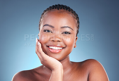 Buy stock photo Beauty, makeup and portrait of black woman on blue background for wellness, health and facial. Salon aesthetic, dermatology and face of African person in studio with cosmetics, skincare and glow