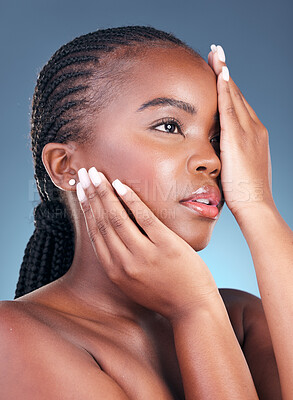 Buy stock photo Beauty, black woman and thinking with skincare, cosmetics and  facial wellness in a studio. Blue background, makeup and dermatology with skin glow and shine from treatment with manicure and detox