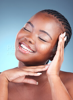 Buy stock photo Beauty, black woman and smile with skincare, cosmetics and  facial wellness in a studio. Blue background, makeup and dermatology with skin glow and shine from treatment with manicure and calm detox