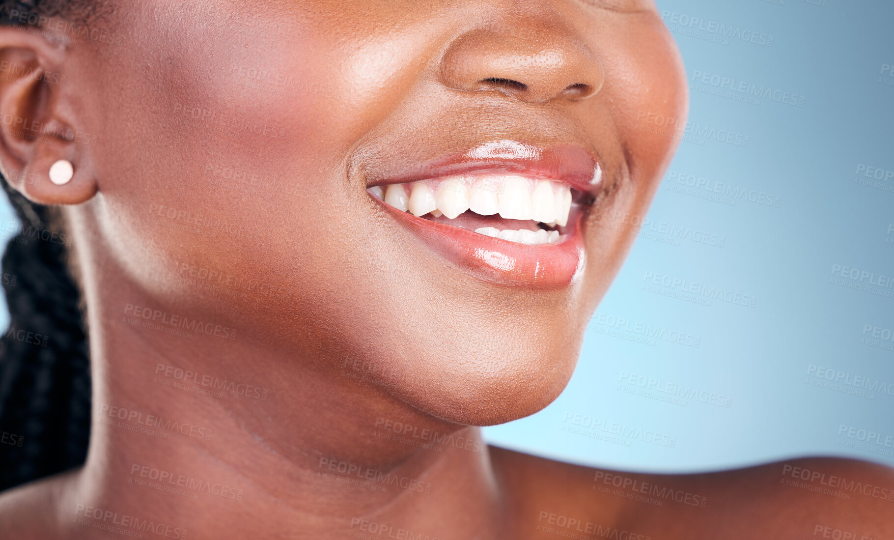 Buy stock photo Woman, teeth and smile in dental cleaning, hygiene or treatment against a blue studio background. Closeup of female person mouth in tooth whitening, oral or gum healthcare for healthy wellness