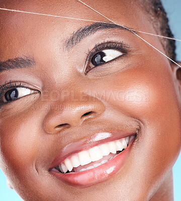 Buy stock photo Thread, eyebrow plucking and beauty of a woman with dermatology, natural makeup and smile. Face of an African person on a studio background with cosmetics, hair removal and facial glow or self care