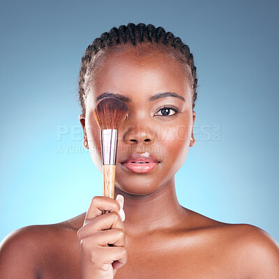 Buy stock photo Studio portrait, black woman and brush for makeup powder application, facial foundation or beauty routine. Cosmetics product, cosmetology tools and African female model on blue gradient background