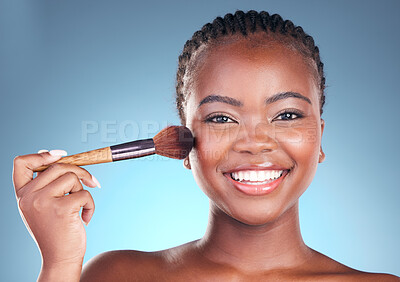 Studio portrait, happy black woman and makeup brush, product or cosmetology tools for facial powder application. Face cosmetics, beauty skincare shine and African person on blue gradient background