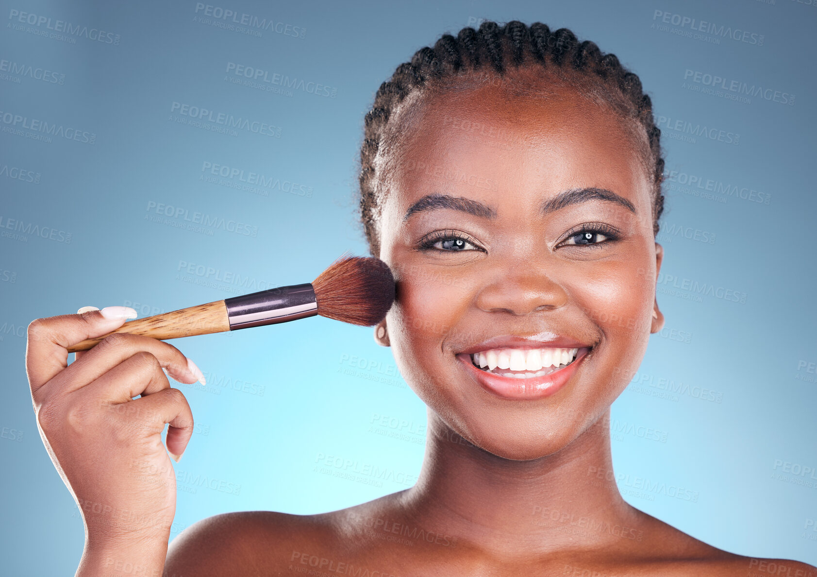 Buy stock photo Studio portrait, happy black woman and makeup brush, product or cosmetology tools for facial powder application. Face cosmetics, beauty skincare shine and African person on blue gradient background