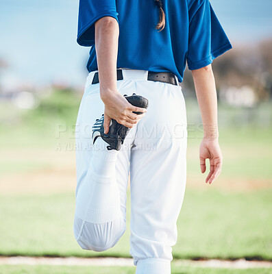 Buy stock photo Back, softball and athlete stretching legs at field outdoor in healthy body exercise. Warm up, hands and person prepare in sports training, wellness workout and fitness to start game or competition