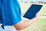 Closeup, woman and outdoor with a tablet, screen and social media with connection, athlete and fitness. Person, hands or player with technology, online game plan or internet for sports website update