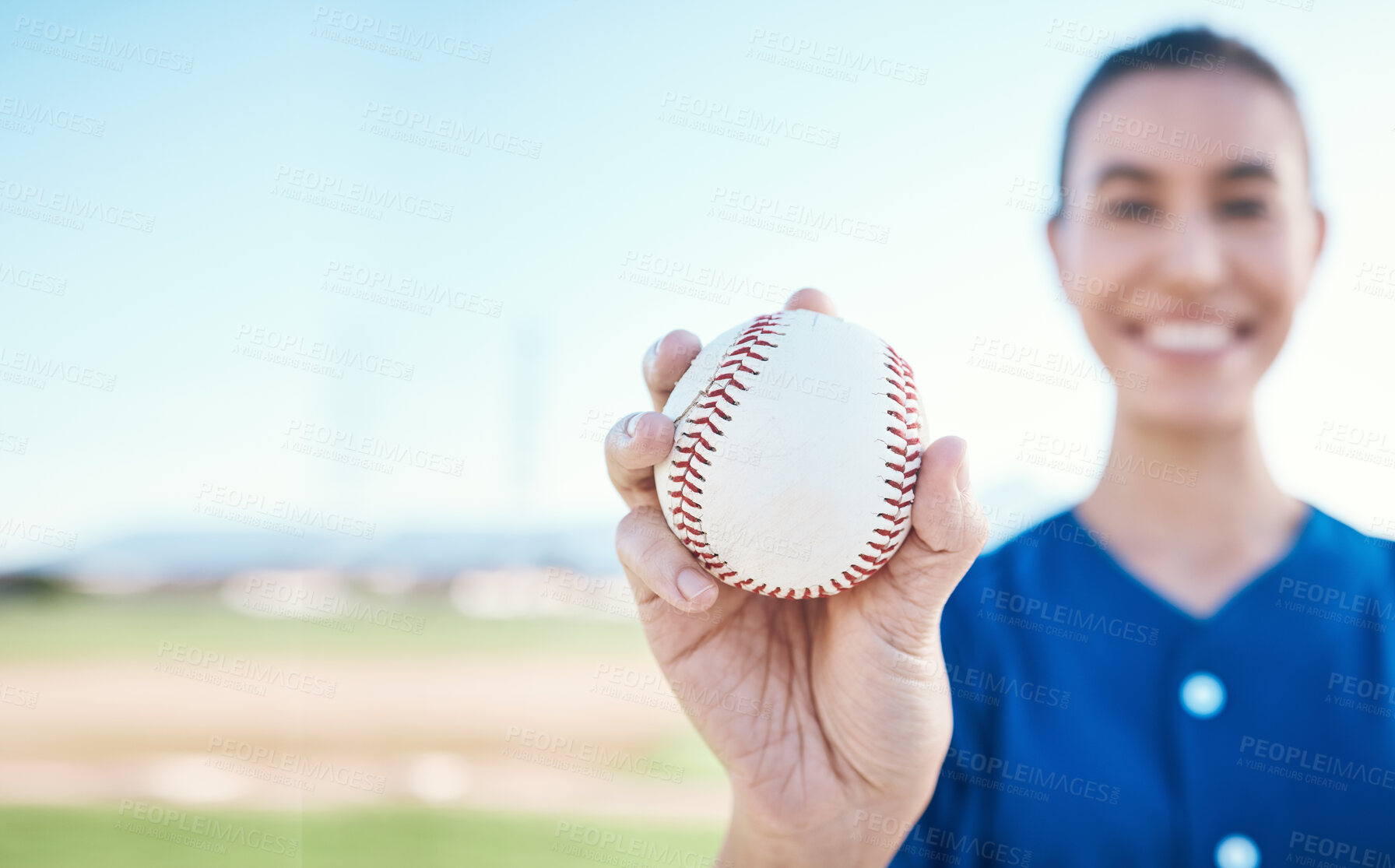 Buy stock photo Hand, ball and baseball with a woman on mockup for sports competition or fitness outdoor during summer. Exercise, training and softball with a sporty female athlete on a pitch for playing a game