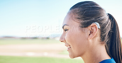 Buy stock photo Smile, profile and woman in hearing aid, ear and sound amplifier in mockup space at park outdoor. Happy, person with a disability and deaf tools in audio communication, tech and listening microphone