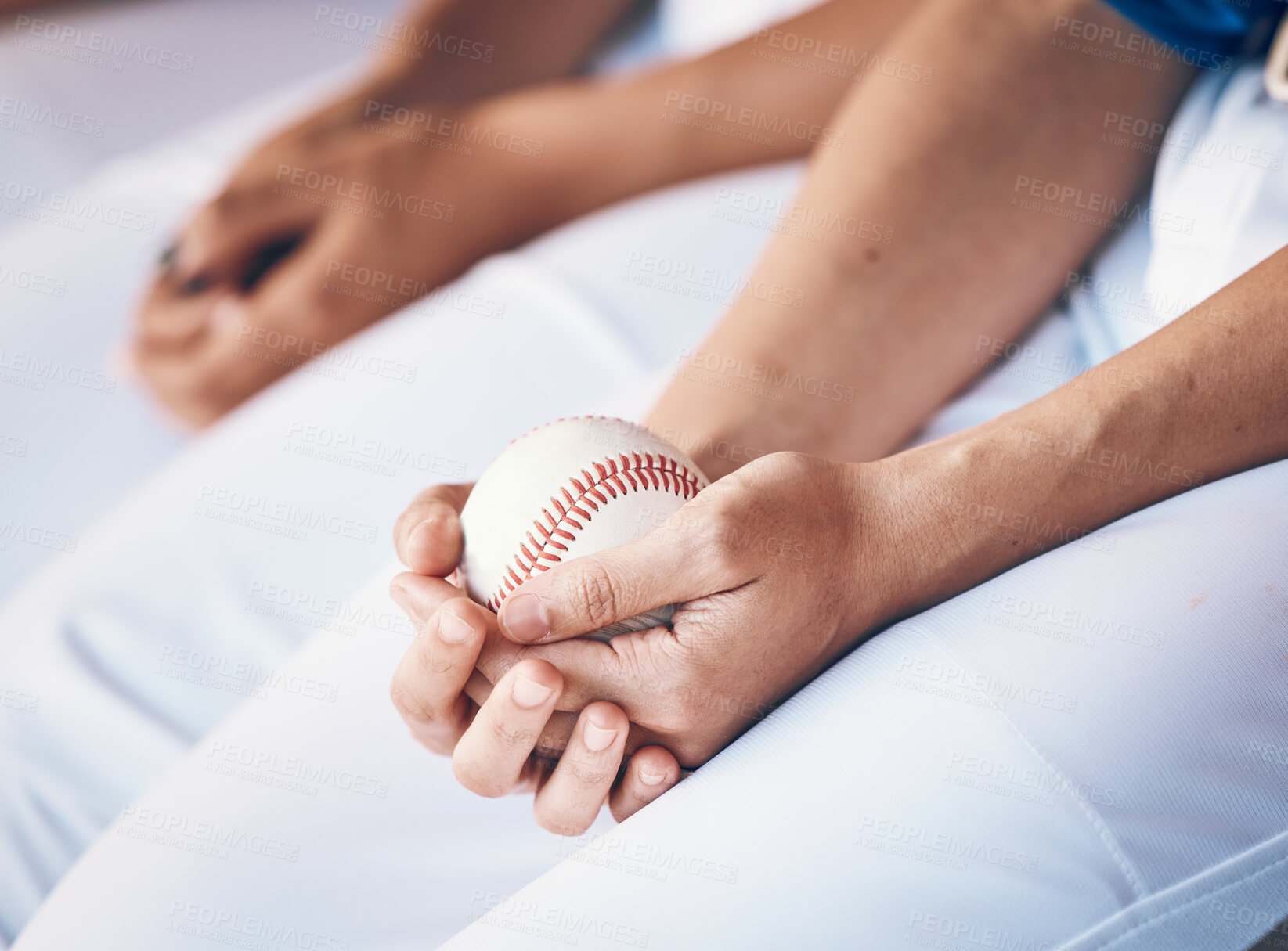 Buy stock photo Hands, sports and baseball with a player in a dugout, waiting during a game of competition closeup. Ball, ready and uniform with an athlete holding equipment for a match in a stadium or venue