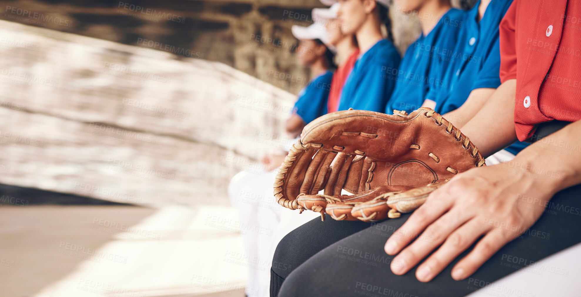 Buy stock photo Sports, hand and athlete with a glove for baseball, watching game and team together. Fitness, training and a pitcher or person with gear for a competition, professional contest or ready for a match