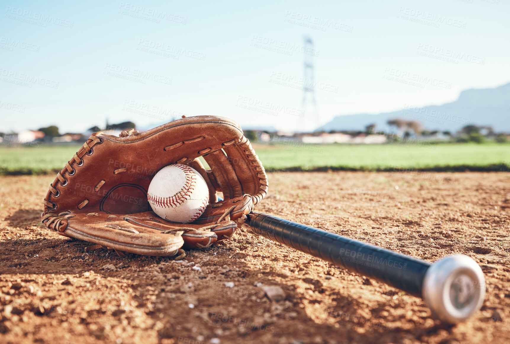 Buy stock photo Glove, bat and baseball gear on the sand for a game, professional competition or sports. Ground, fitness and equipment for a match, fitness or training for softball on the sand in summer for cardio