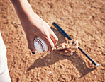 Softball, hand and ball with athlete on pitch, sports and person playing game, closeup and fitness outdoor. Exercise, baseball player and equipment, bat and glove on ground with pitcher at stadium