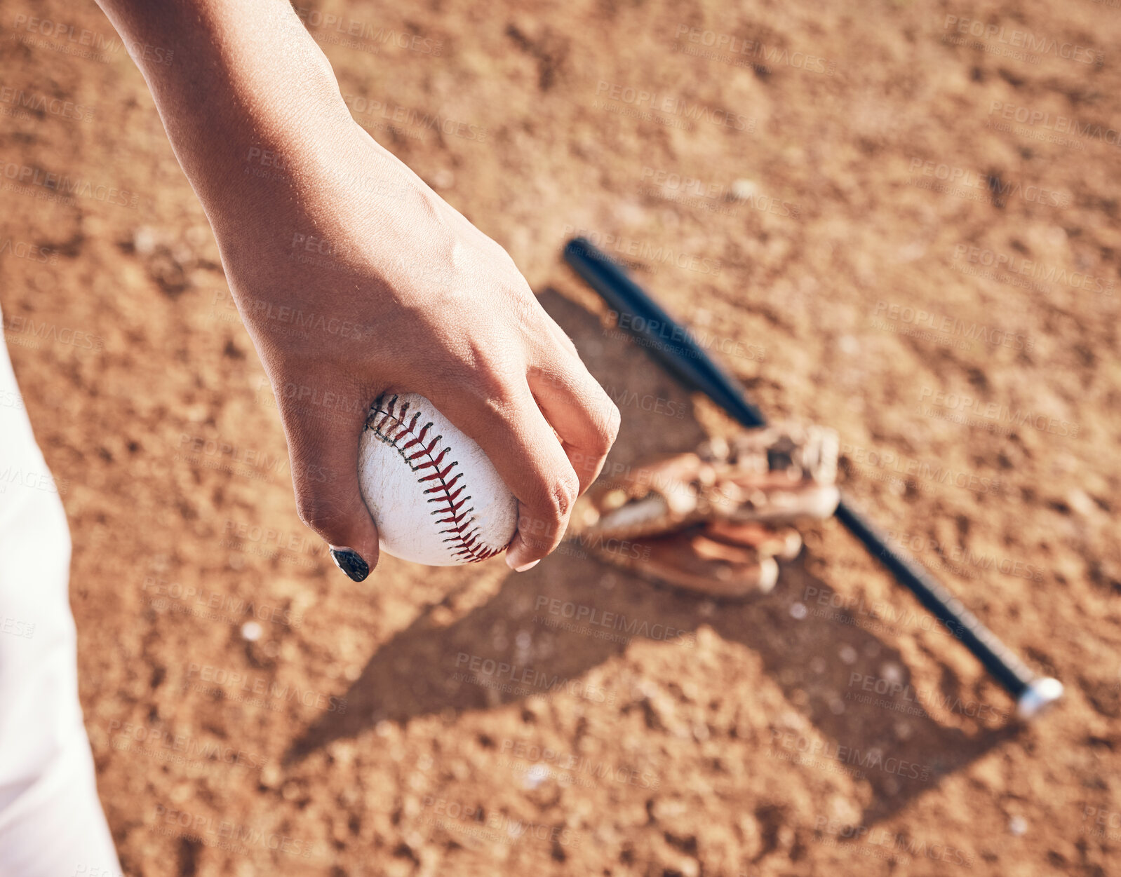 Buy stock photo Softball, hand and ball with athlete on pitch, sports and person playing game, closeup and fitness outdoor. Exercise, baseball player and equipment, bat and glove on ground with pitcher at stadium