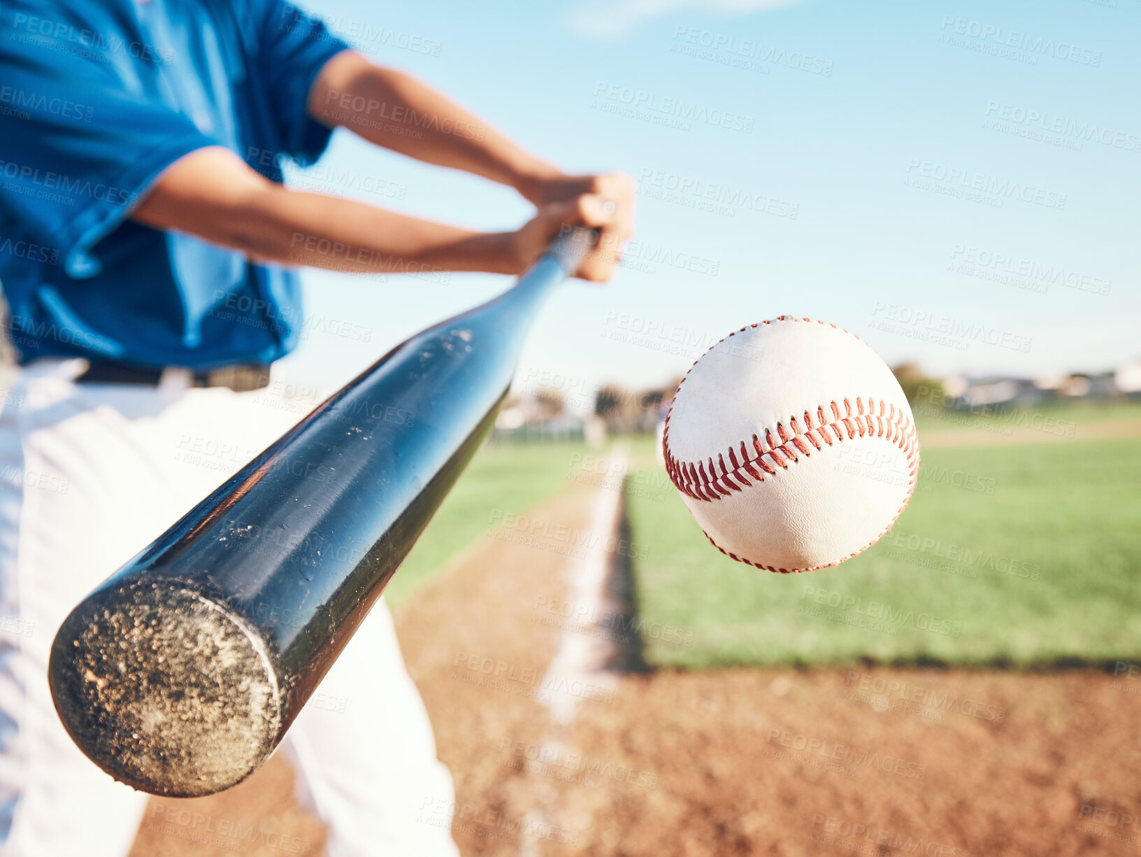 Buy stock photo Baseball, hit and person on field for in closeup training, sports and fitness in outdoor competition. Hands, ball and bat softball player with power strike at stadium for action, speed or performance