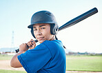Baseball, portrait and a person with bat outdoor on pitch for sports performance or competition. Professional athlete or softball woman for swing, commitment or fitness for game, training or exercise