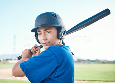 Buy stock photo Baseball, portrait and a person with bat outdoor on pitch for sports performance or competition. Professional athlete or softball woman for swing, commitment or fitness for game, training or exercise