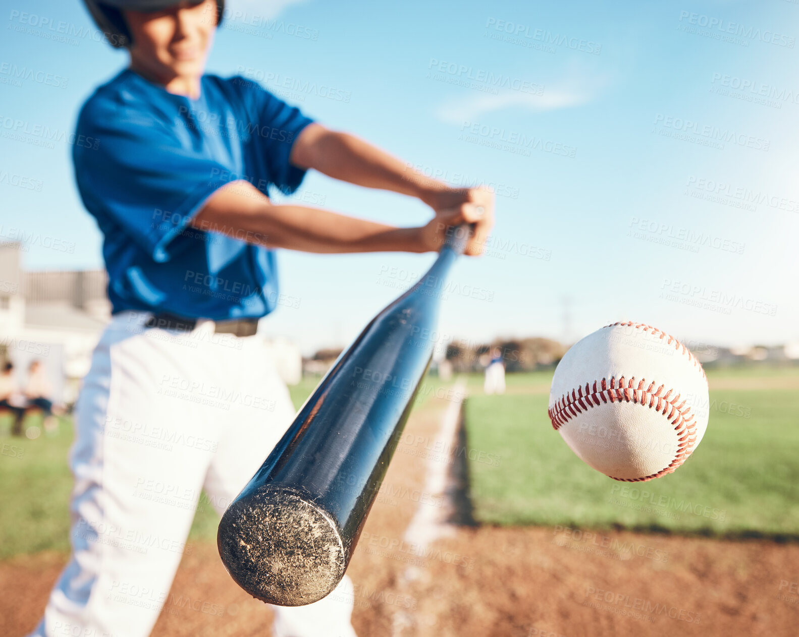 Buy stock photo Baseball, hit and person on field for training, sports or fitness competition outdoor. Closeup of pitcher, ball or bat by softball player with power strike at stadium for action, speed or performance