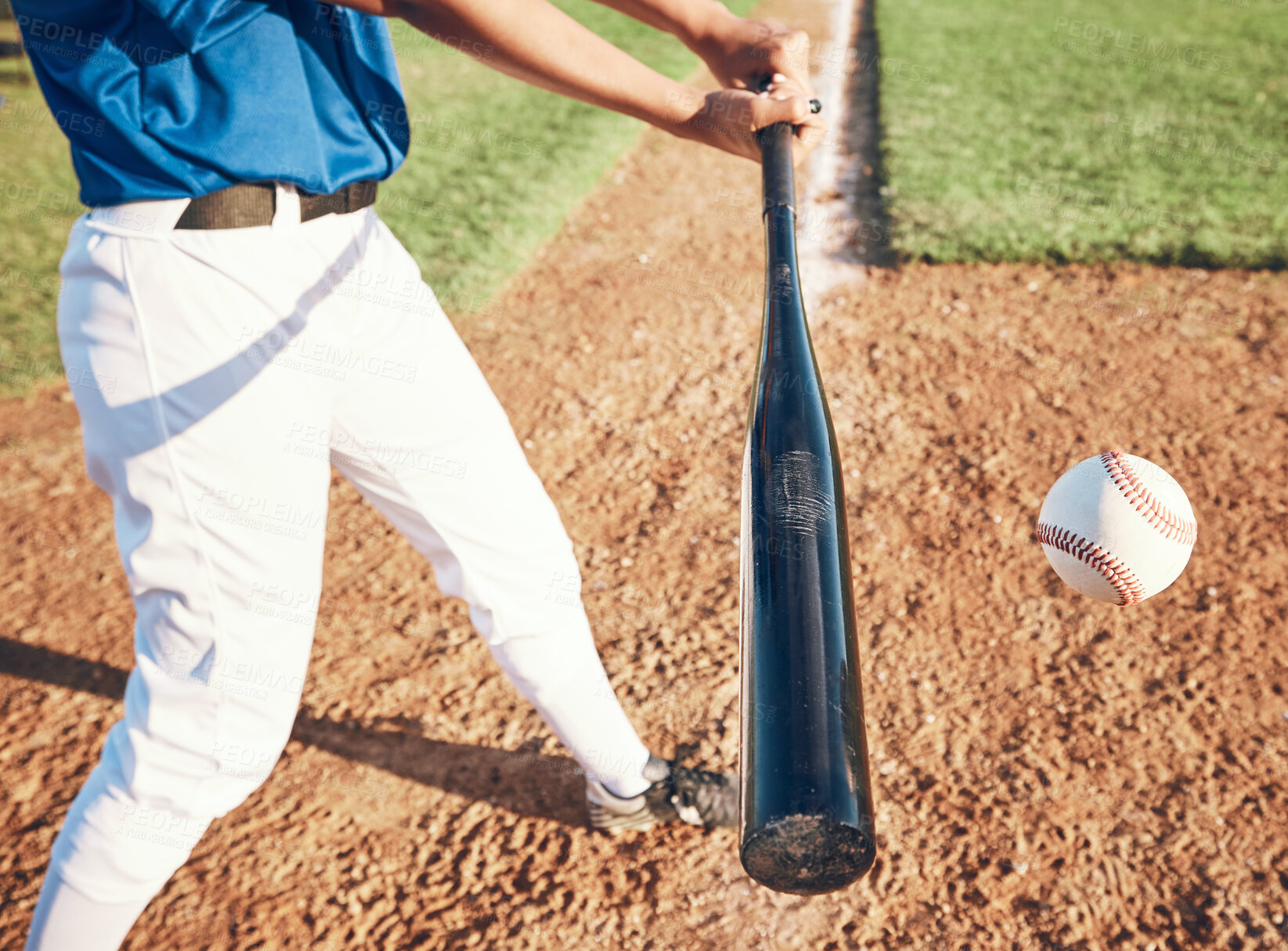 Buy stock photo Baseball, bat and person hit a ball outdoor on a pitch for sports, performance and competition. Professional athlete or softball player for a game, training or exercise challenge at field or stadium