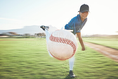 Person, baseball and pitching a ball outdoor on a sports pitch for performance and competition. Professional athlete or softball player throw for a game, training or exercise challenge on a field