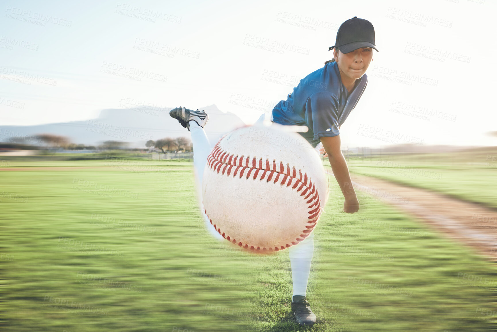 Buy stock photo Person, baseball and pitching a ball outdoor on a sports pitch for performance and competition. Professional athlete or softball player throw for a game, training or exercise challenge on a field