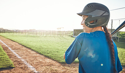 Buy stock photo Baseball, bat and a woman outdoor on a pitch for sports, performance and competition. Professional athlete or softball player happy for a game, training or exercise banner or space at a stadium