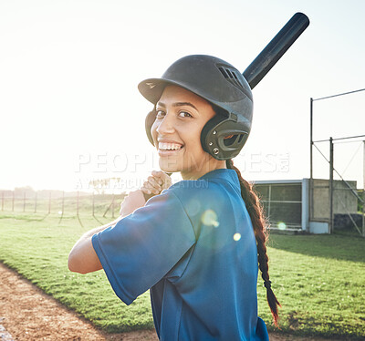 Buy stock photo Baseball portrait, bat and a woman outdoor on a pitch for sports, performance and competition. Professional athlete or softball player happy about a game, training or exercise challenge at stadium