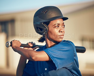 Buy stock photo Sports, baseball player or black woman with a bat, fitness or game with power strike, hit or swing. Person, health or athlete in club competition, practice match or softball with training or exercise