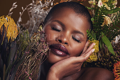 Buy stock photo Beauty, makeup and plants with face of black woman in studio for natural, spa and environmental. Cosmetics, flowers and dermatology with model on brown background for sustainability and glow