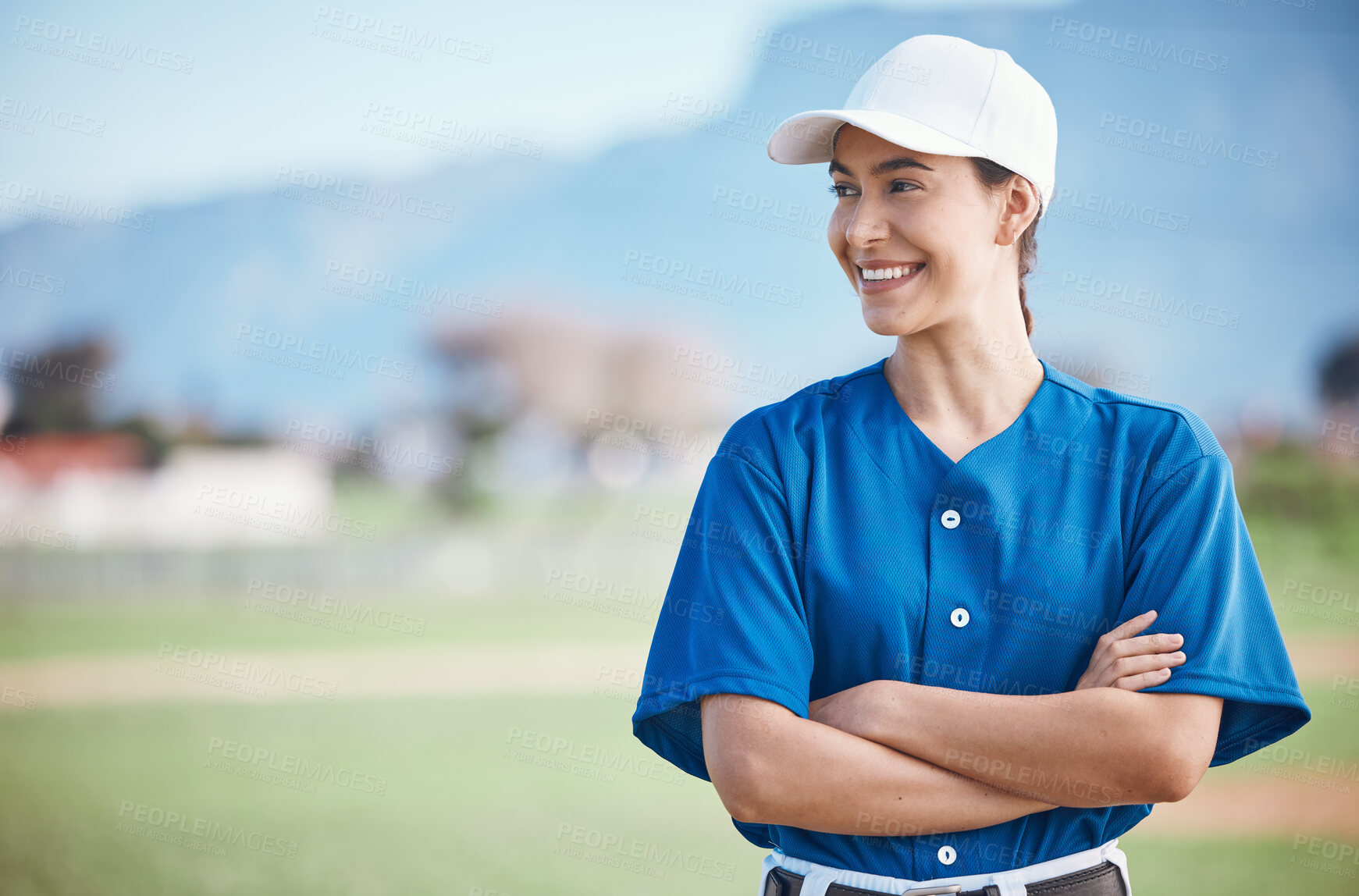 Buy stock photo Sports, baseball and woman with arms crossed on a field for training, match or fitness goals on blurred background. Happy, softball and female coach at park with motivation, proud or positive mindset