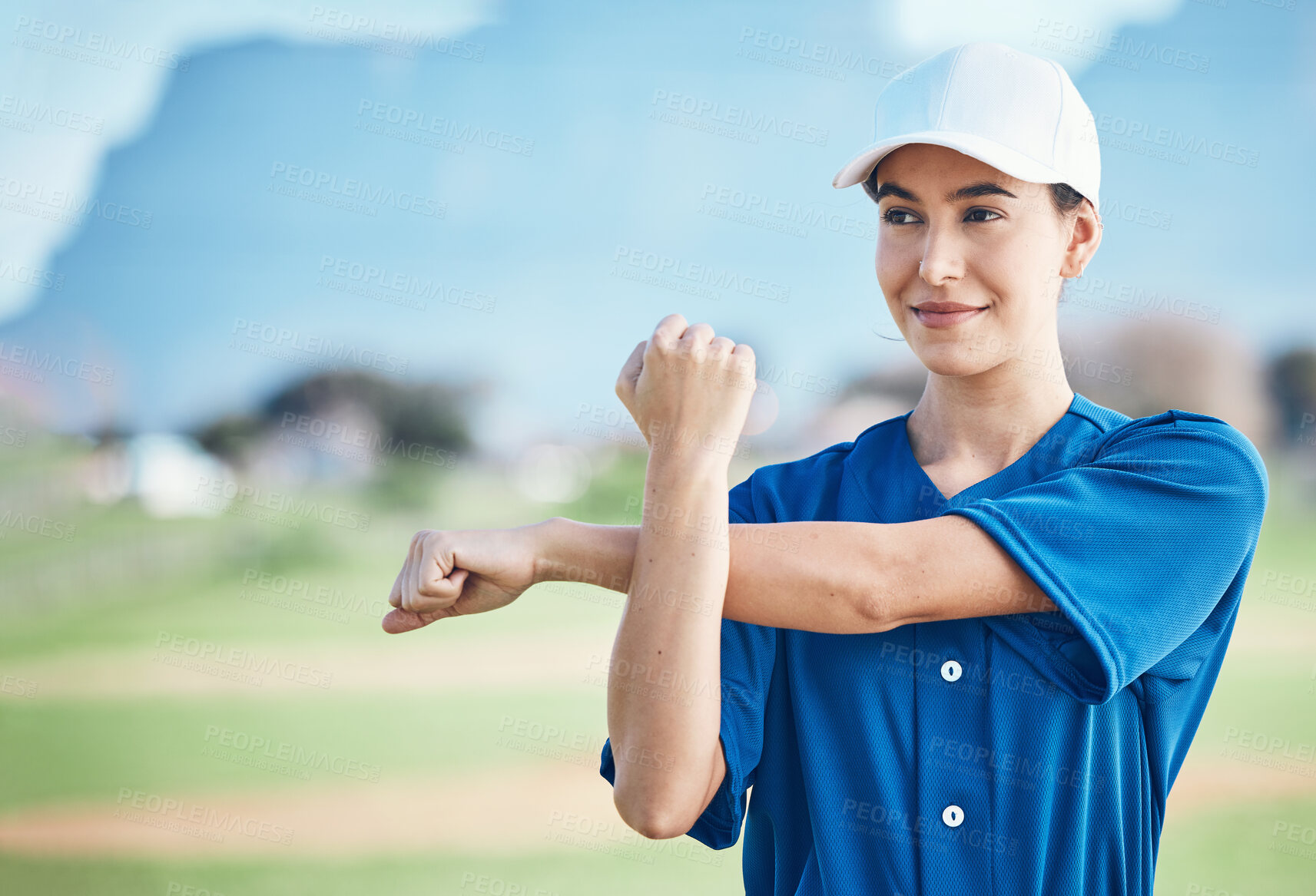 Buy stock photo Outdoor, fitness and woman stretching, thinking and player training, uniform and warm up for workout. Person, field and athlete stretch arms, health and exercise for wellness, sports and game