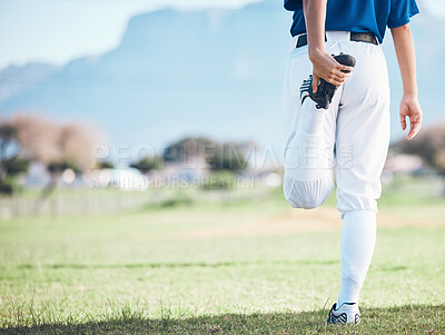 Buy stock photo Back, baseball and athlete stretching legs at field outdoor in healthy body exercise. Warm up, hands and person prepare in sports training, wellness workout and fitness to start softball mockup space